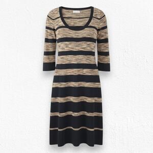 Calvin Klein Black Tan Stripe Sweater Dress Scoop Neck 3/4 Sleeve Size Small